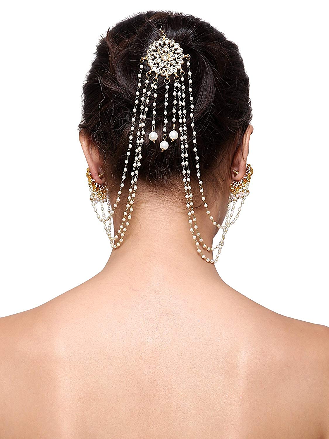 Abhaah Triple Layer Kaan/ear Chain bahubali inspired Gold Tone Pearls Ear  To Hair Accessory/Hair kundan stud earrings with Brooch Juda pin Hair  Decoration for Women Girls for Wedding |